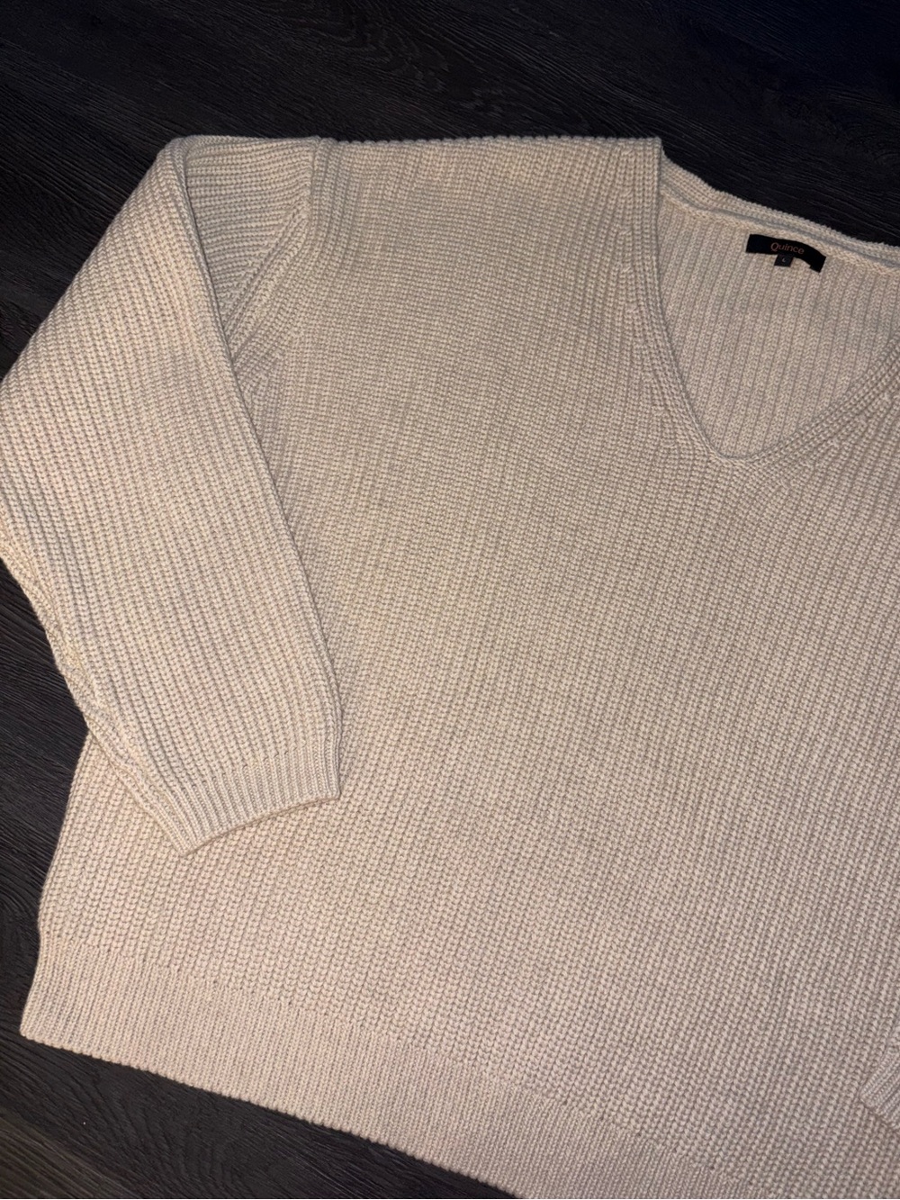QUINCE Organic Cotton Fisherman Chunky Knit Cream V-Neck Ribbed Sweater Large - Picture 4 of 9